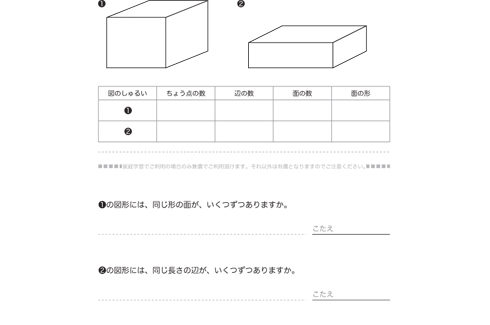 はこを観察し、はこの面、辺、頂点を読み取り、立体の構成要素について学びます。自分の頭の中ではこが展開できるよう学んでいきます。