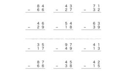 これまでに学んだ通常のたし算・ひき算の数式をベースに、位ごとに計算していく筆算の問題です。くり上げ・くり下げなど、見えない数の感覚を養い数式を理解しましょう。