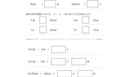 かさの単位であるL、dL、mLについて学び、入れ物にはいる水のかさを読み取ったり、比較していくことで、かさに対する感覚を養っていきます。