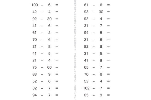 1年生で学んだたし算・ひき算をベースに、より理解度を深める問題です。2けたの数を使い。くり上げ・くり下げなどを使い学習していきます。