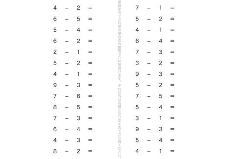 ひき算の記号や式のよみ方、かき方を把握し、ひき算という計算を体系的に学びます。演習問題を重ねることで、計算作業を理解していきます。