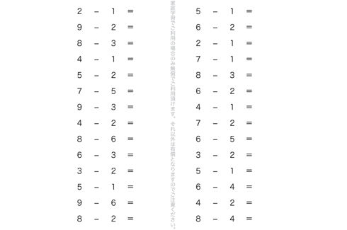 ひき算の記号や式のよみ方、かき方を把握し、ひき算という計算を体系的に学びます。演習問題を重ねることで、計算作業を理解していきます。