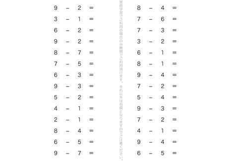 ひき算の記号や式のよみ方、かき方を把握し、ひき算という計算を体系的に学びます。演習問題を重ねることで、計算作業を理解していきます。