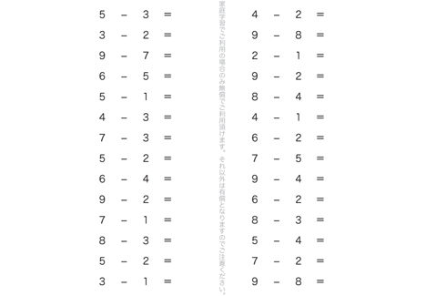 ひき算の記号や式のよみ方、かき方を把握し、ひき算という計算を体系的に学びます。演習問題を重ねることで、計算作業を理解していきます。