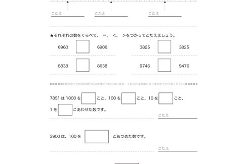 10000までの数について、そのよみ方やかき方、系列・大小について、100や1000の単位を使いながら、数の相関関係を学んでいきます。