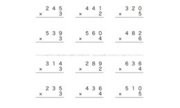 筆算による3桁かけ算のやり方を理解し計算手法を学んでいきます。10の位や100の位をひとつのまとまりとしてとらえ、繰り上がりに気をつけてより計算力を高めていきます。