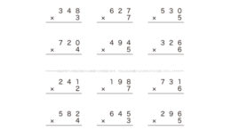 筆算による3桁かけ算のやり方を理解し計算手法を学んでいきます。10の位や100の位をひとつのまとまりとしてとらえ、繰り上がりに気をつけてより計算力を高めていきます。