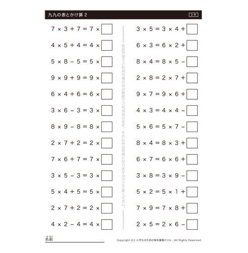 2年生で学習した九九をもとに、10や0のかけ算をはじめ、かける数の増減に伴う答えの変化を感じ取っていきます。九九の丸暗記ではなく、かけ算の意味を理解していきましょう。