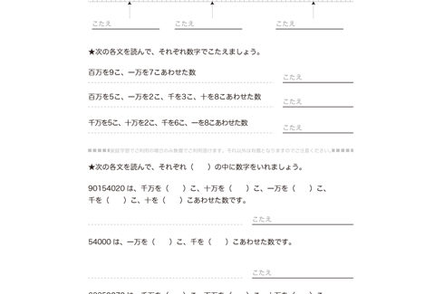 3年算数でより数も多くなり、万をこえる数のしくみや表し方について学び、百万、千万といった数の読み・書き、数の増えかたなどを理解していきます。